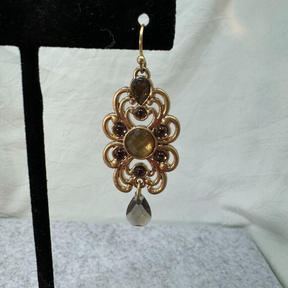 Vintage Lia Sophia Madeira Dangle Earrings Smoky Crystal Accents Teardrop Design - Picture 3 of 6